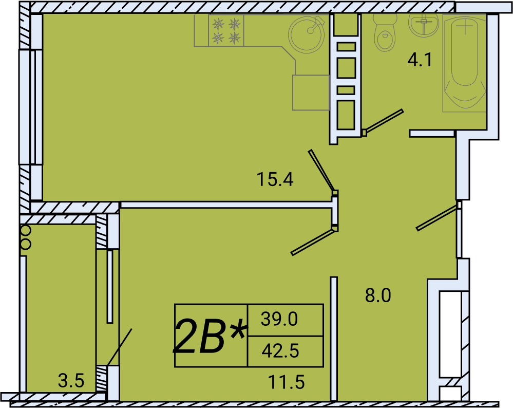 Планировка: 1-комнатная · 42,4 м²
