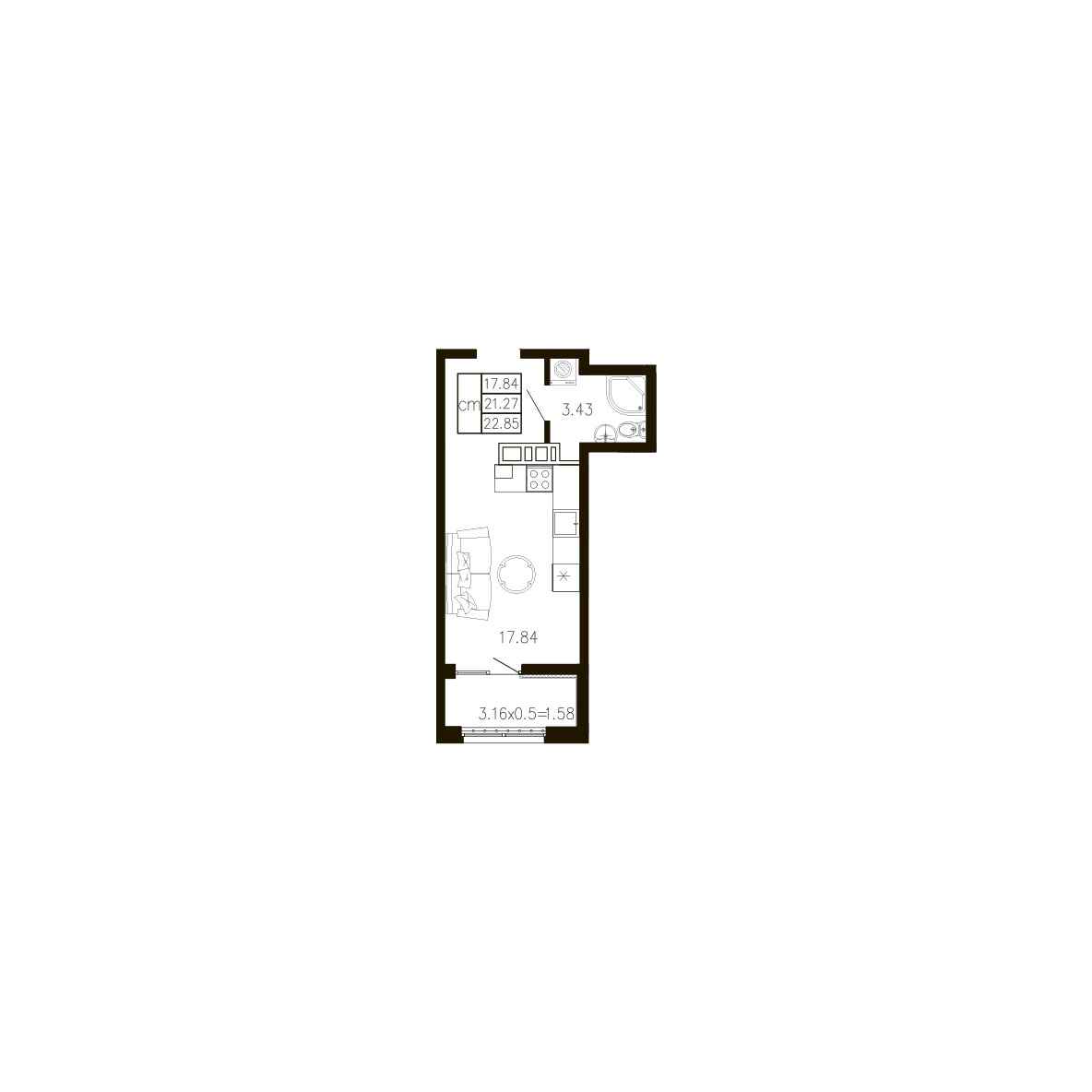 Планировка: Студия · 22,85 м²