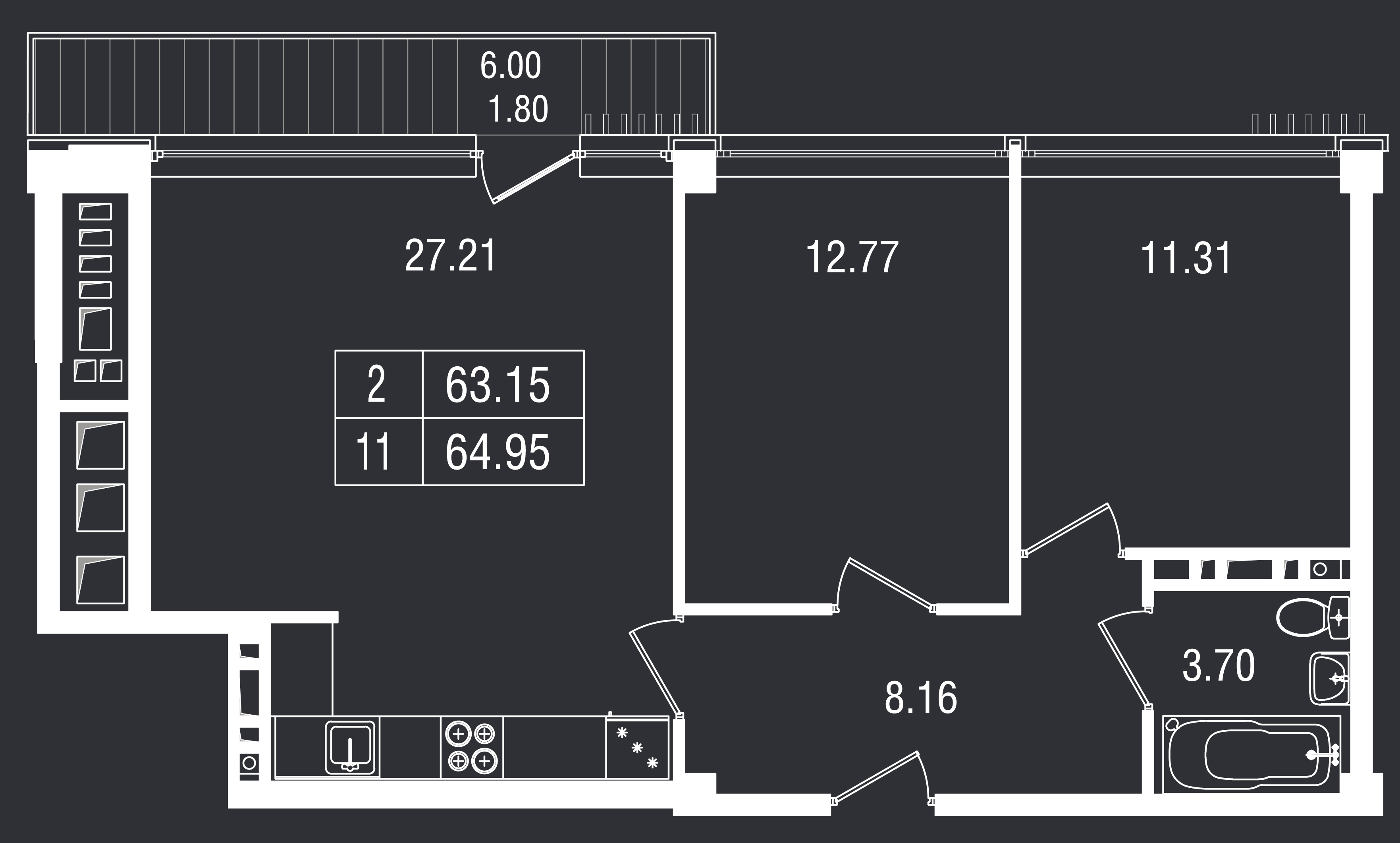 Планировка: 2-комнатная · 64,95 м²