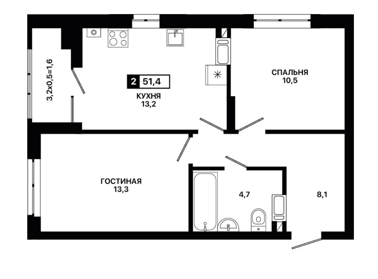 Планировка: 2-комнатная · 51,4 м²