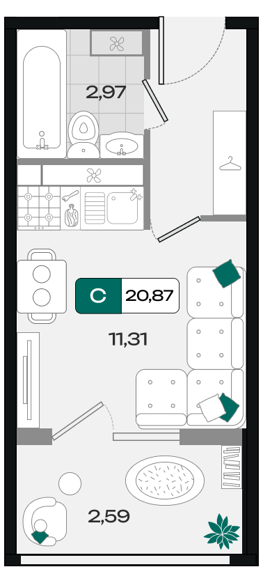 Планировка: Студия · 20,87 м²