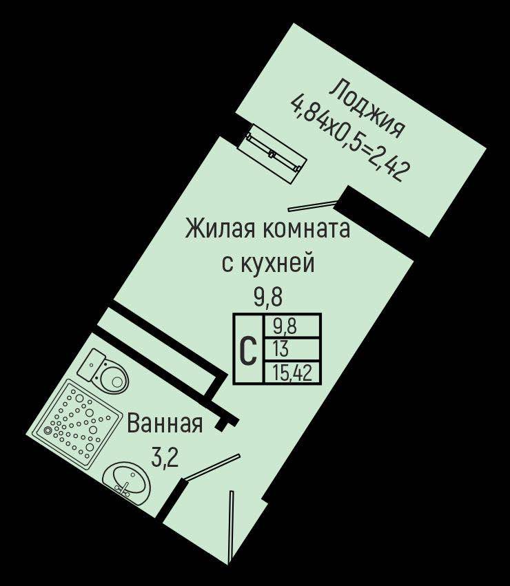 Планировка: Студия · 15,42 м²