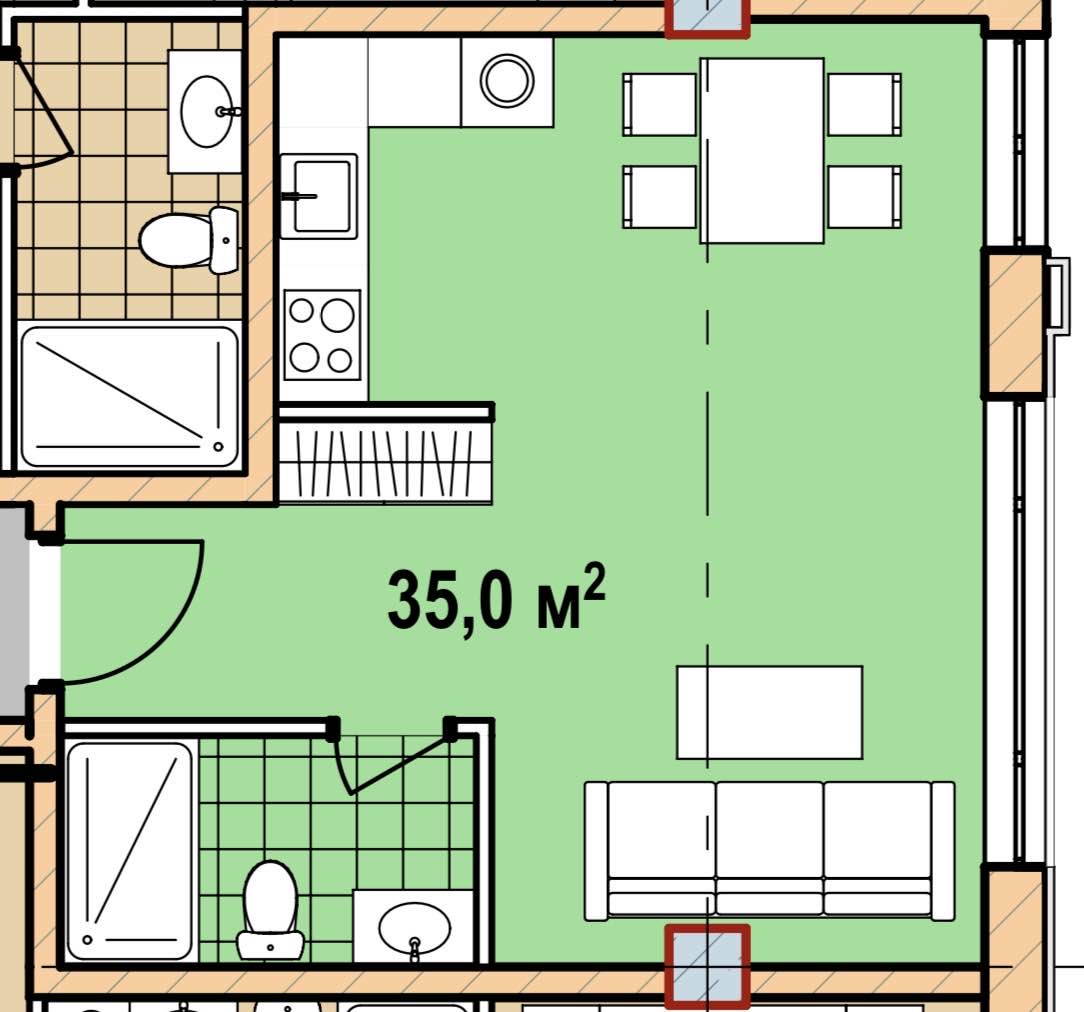 Планировка: Апартаменты · 35 м²