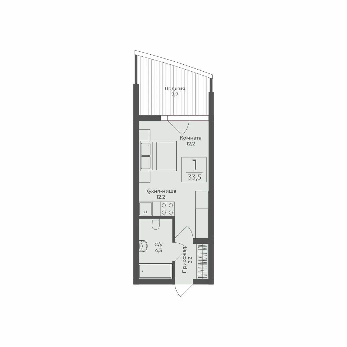 Планировка: 1-комнатная · 33,5 м²