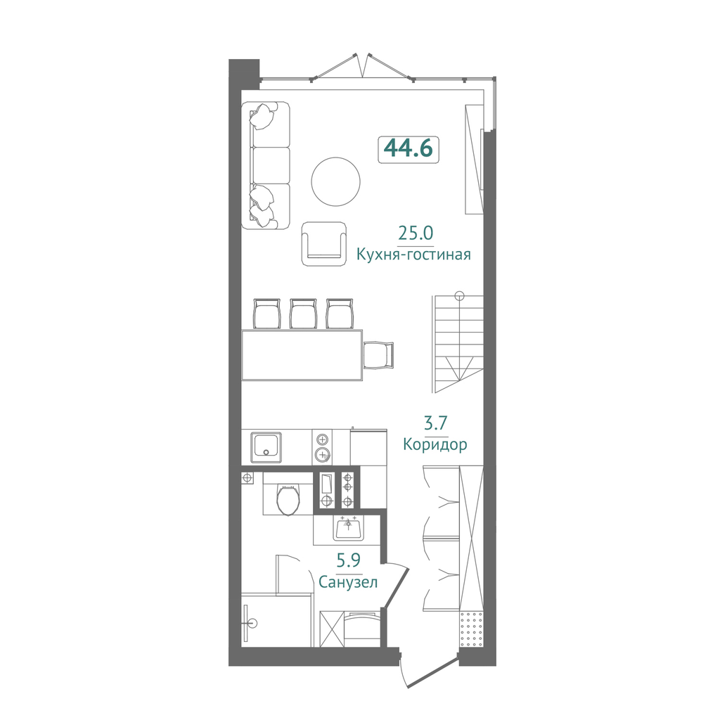 Планировка: Студия · 44,6 м²