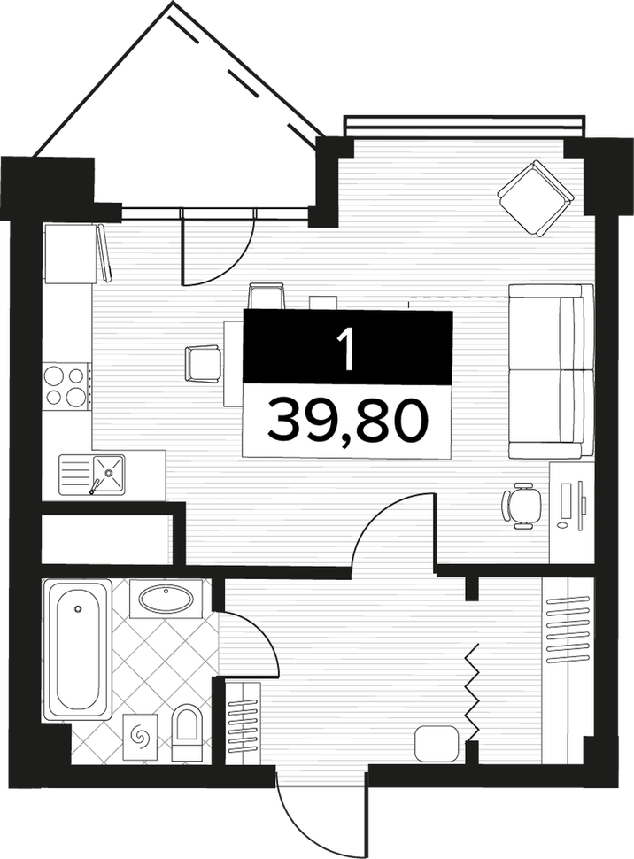 Планировка: 1-комнатная · 39,8 м²