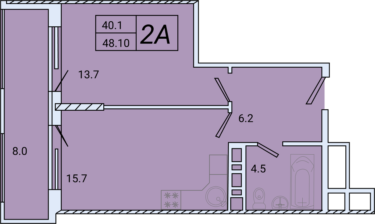 Планировка: 1-комнатная · 47,9 м²