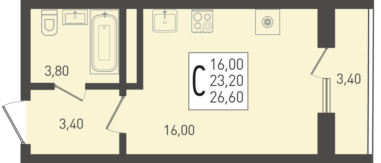 Планировка: Студия · 26,6 м²