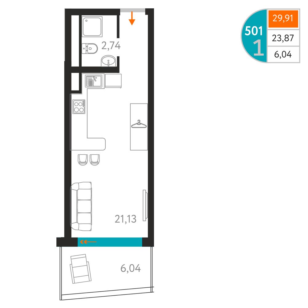 Планировка: Апартаменты · 29,91 м²