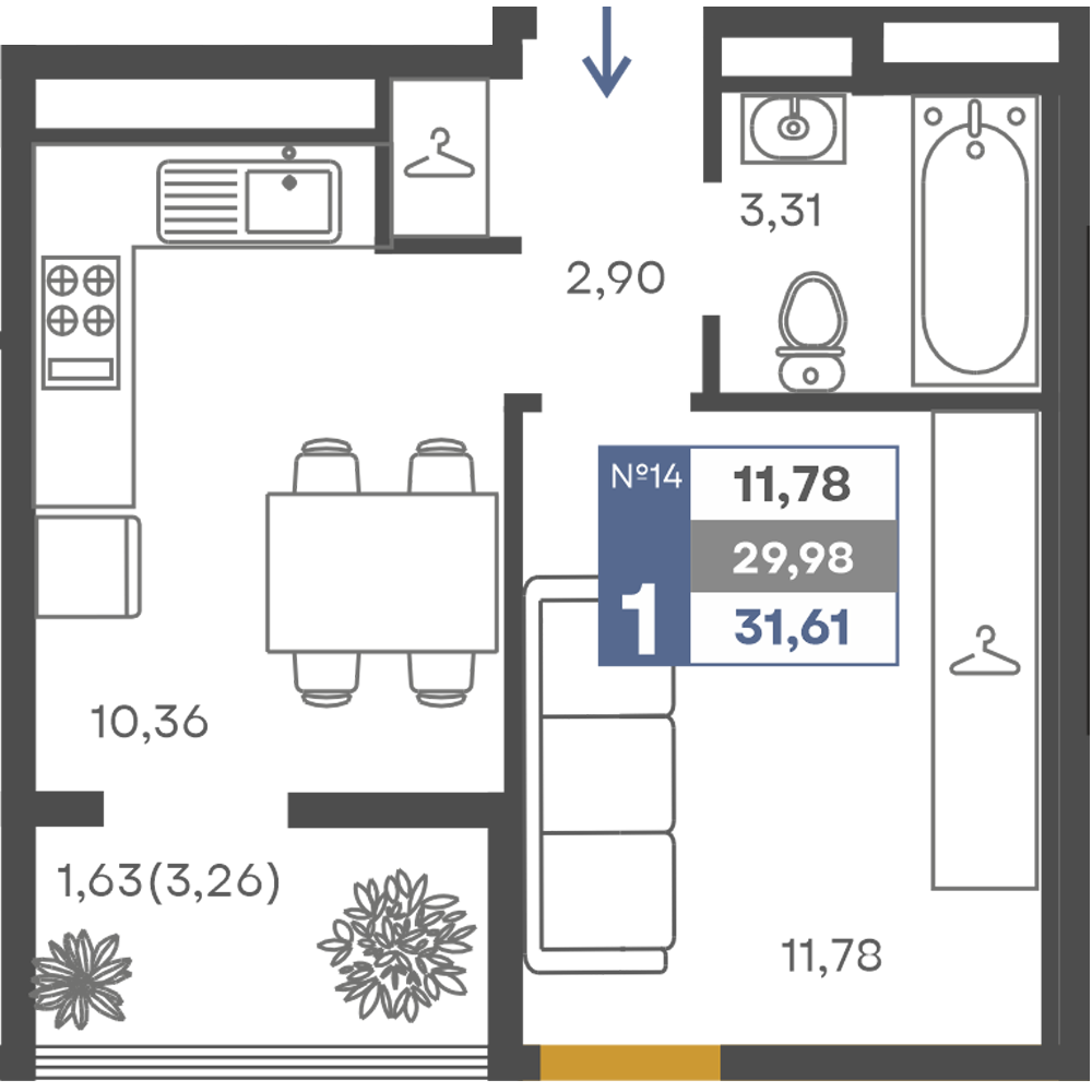 Планировка: 1-комнатная · 29,98 м²