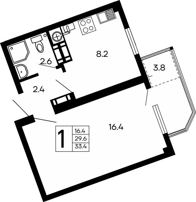 Планировка: 1-комнатная · 33,4 м²