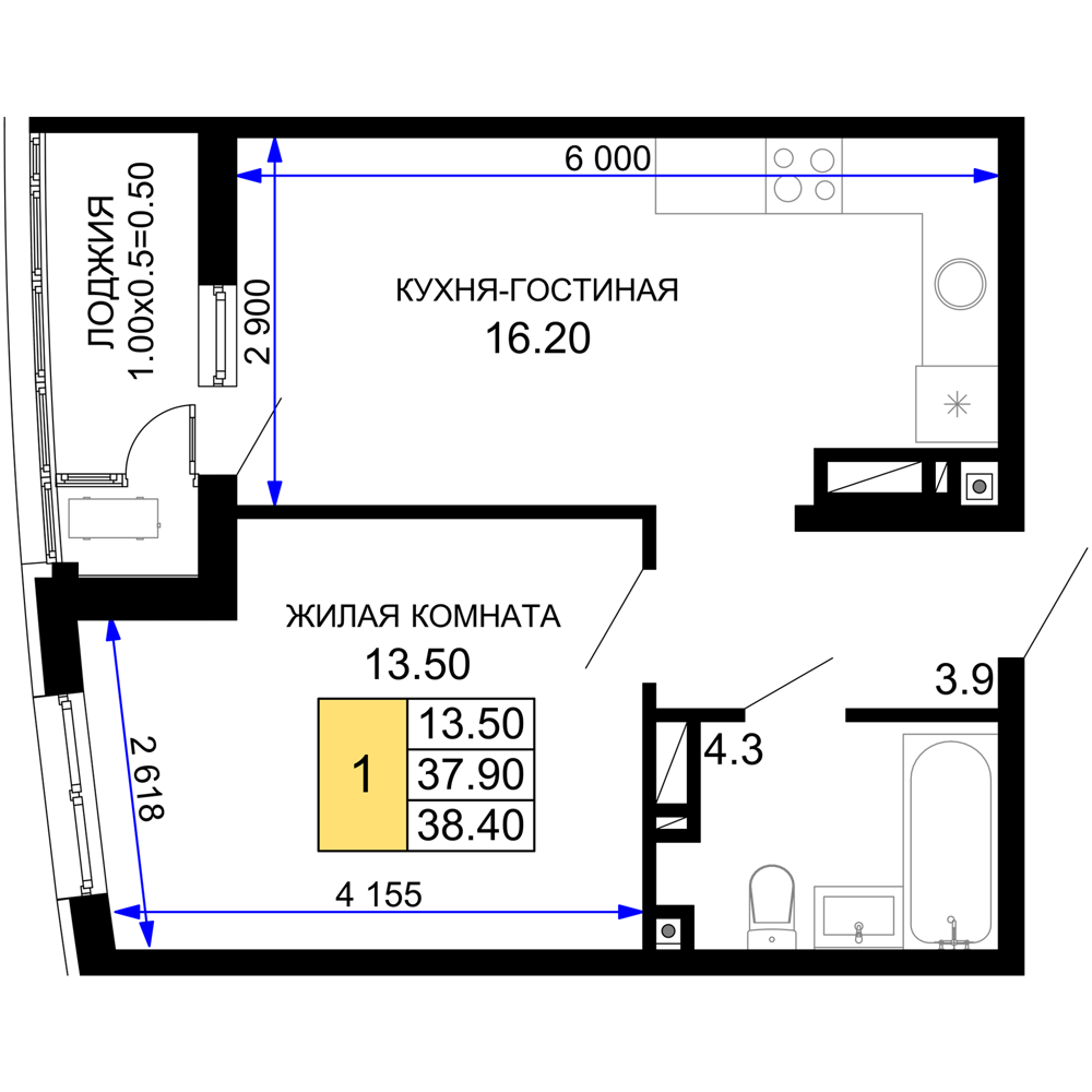 Планировка: 1-комнатная · 38,4 м²