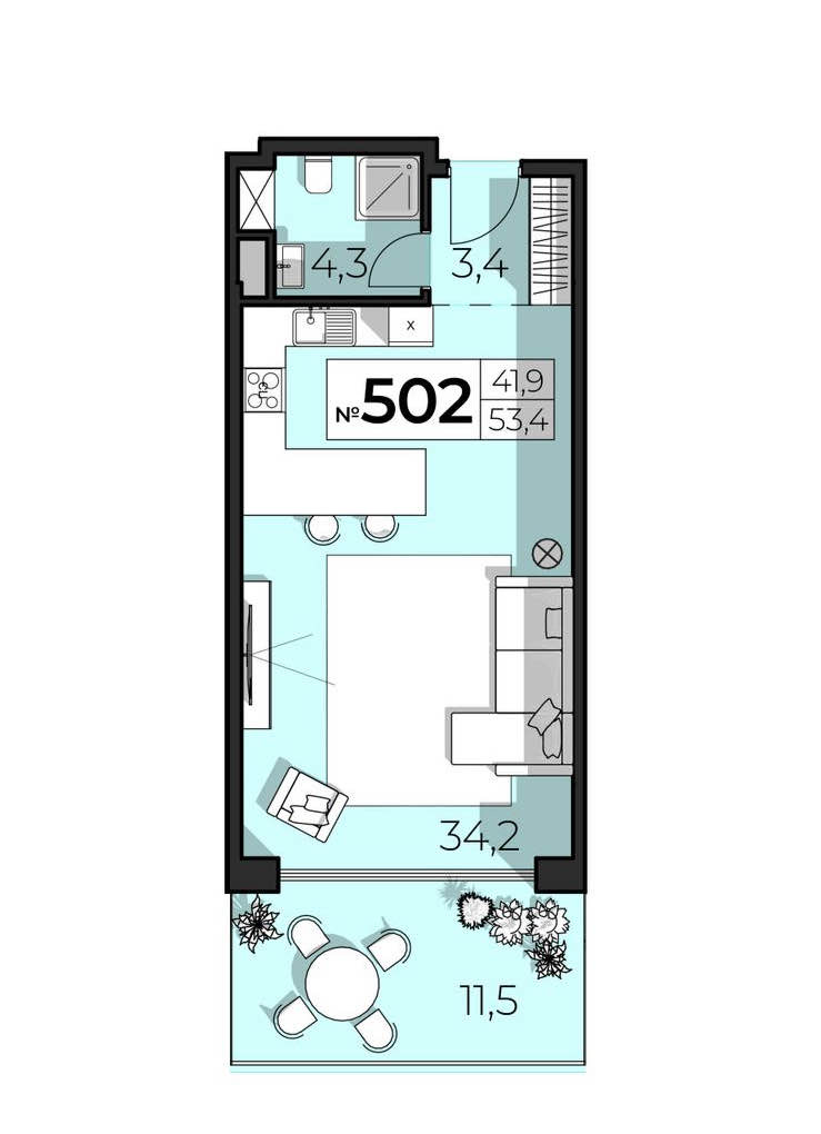 Планировка: 2-комнатная · 53,4 м²