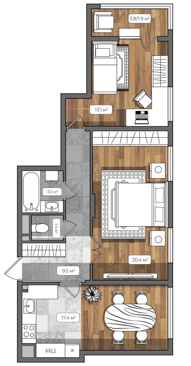 Планировка: 2-комнатная · 66,2 м²