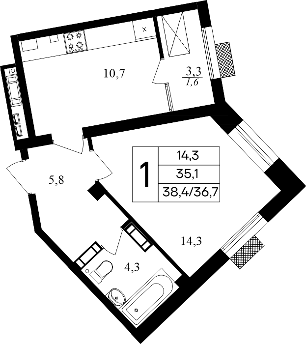 Планировка: 1-комнатная · 38,4 м²