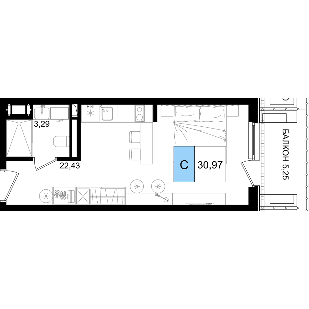 Планировка: Студия · 30,95 м²