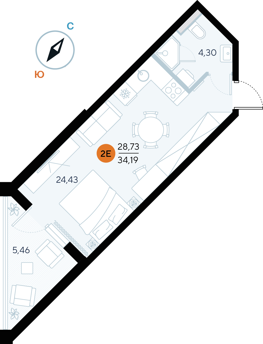 Планировка: Студия · 34,19 м²