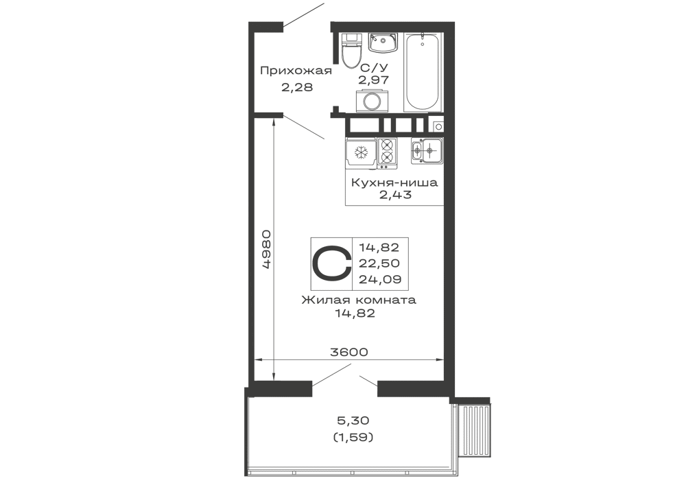 Планировка: Студия · 24,09 м²
