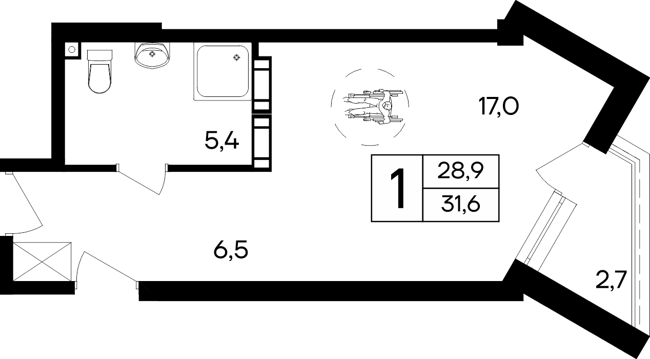 Планировка: 1-комнатная · 31,6 м²