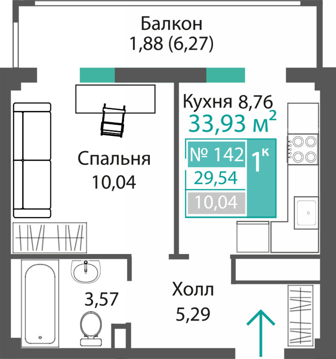 Планировка: 1-комнатная · 29,54 м²