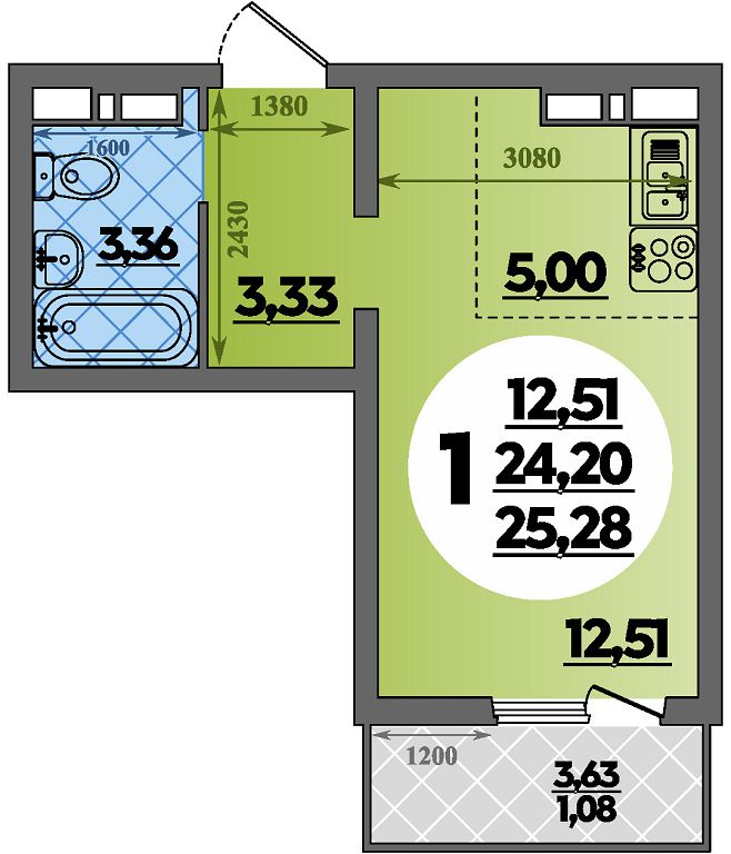 Планировка: Студия · 25,28 м²