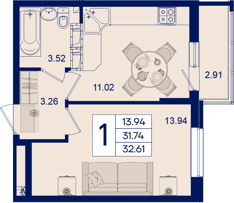 Планировка: 1-комнатная · 32,61 м²