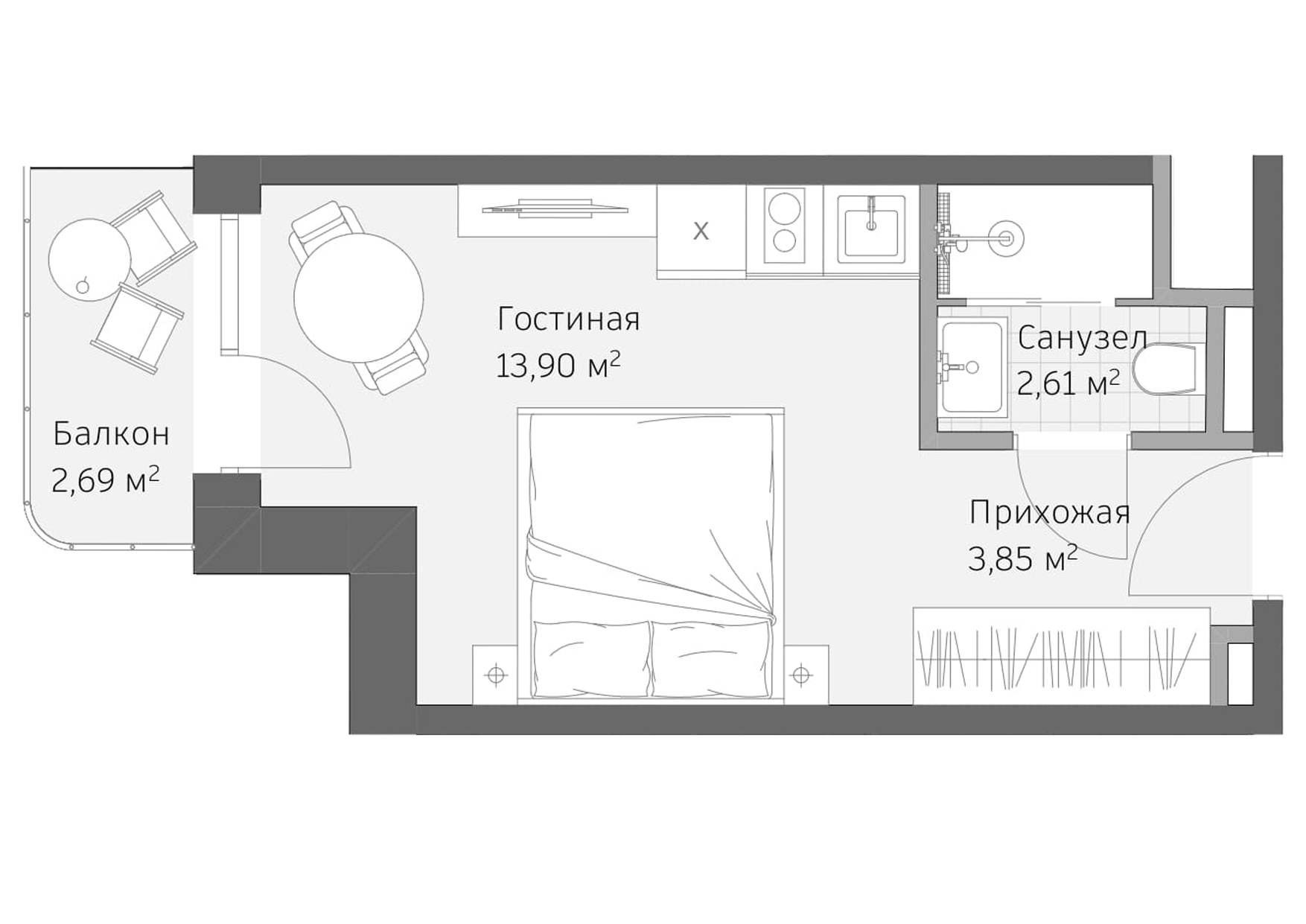 Планировка: Апартаменты · 23,05 м²