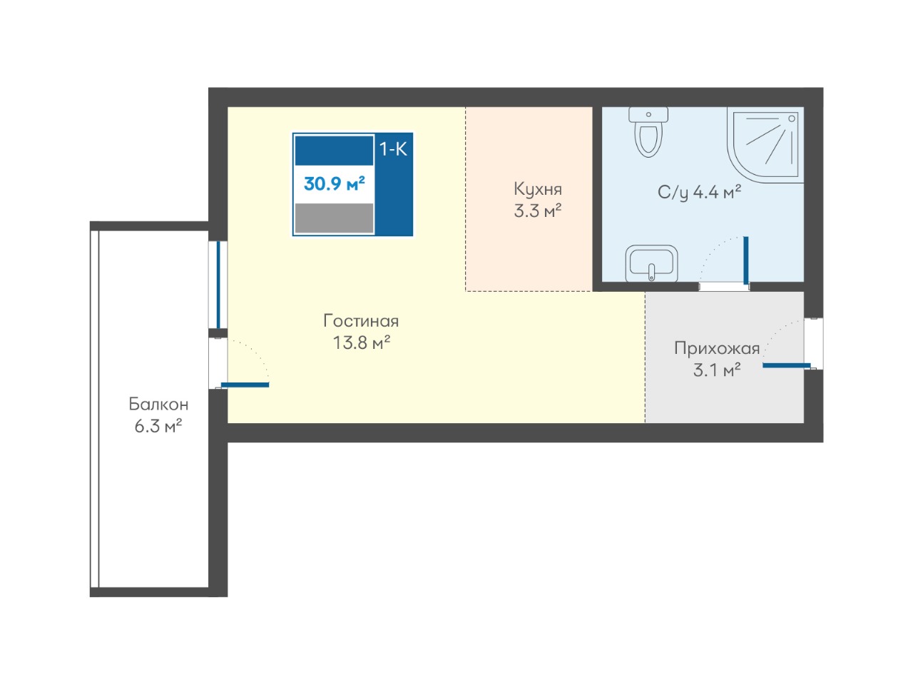 Планировка: 1-комнатная · 30,9 м²