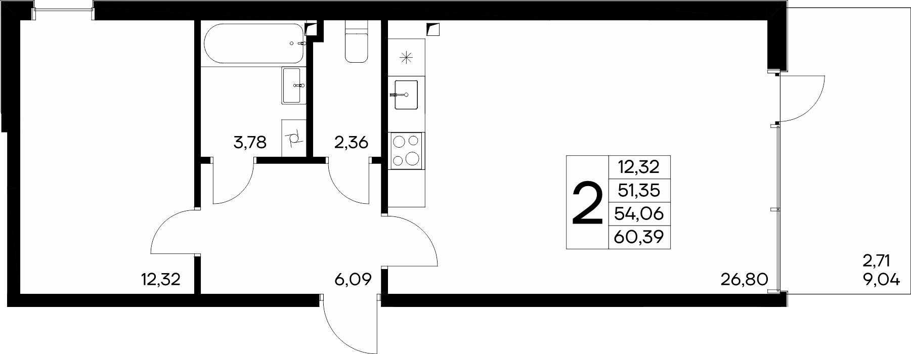 Планировка: 2-комнатная · 60,39 м²