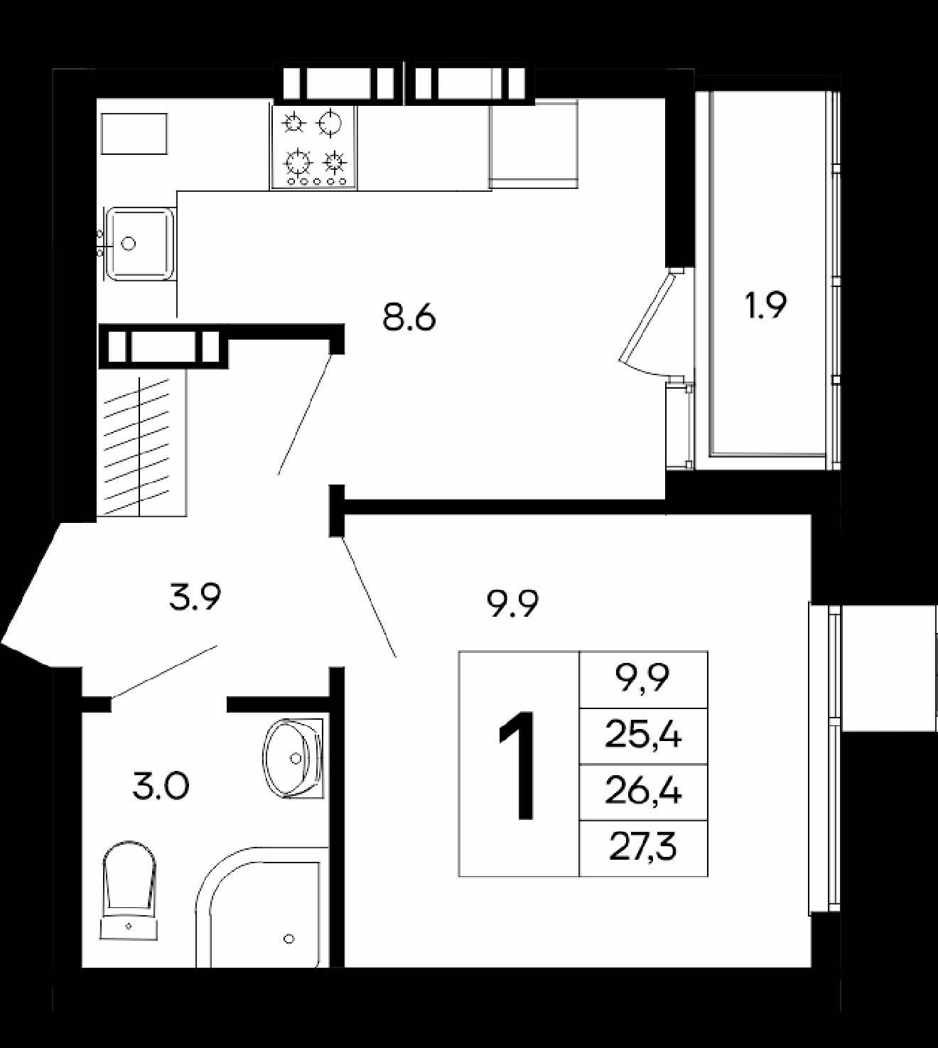 Планировка: 1-комнатная · 27,3 м²