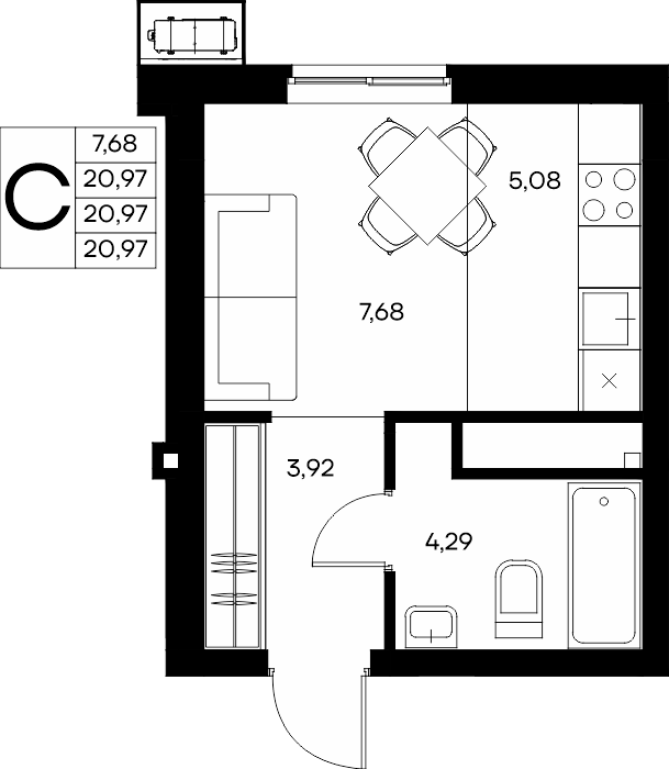 Планировка: Студия · 21,79 м²