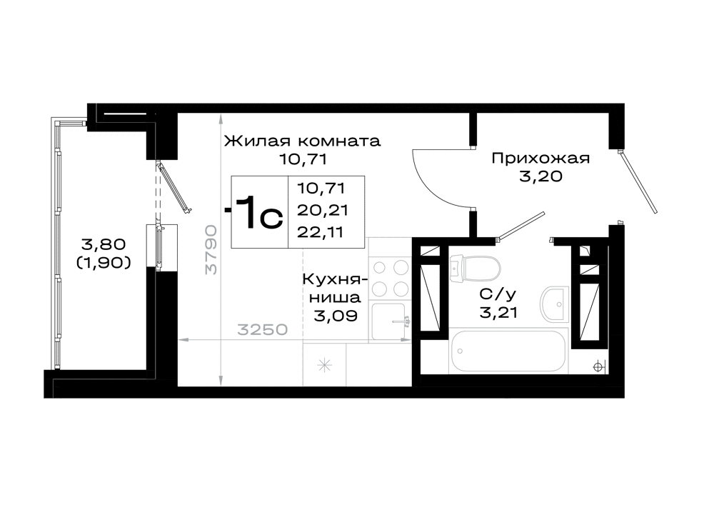 Планировка: Студия · 22,07 м²