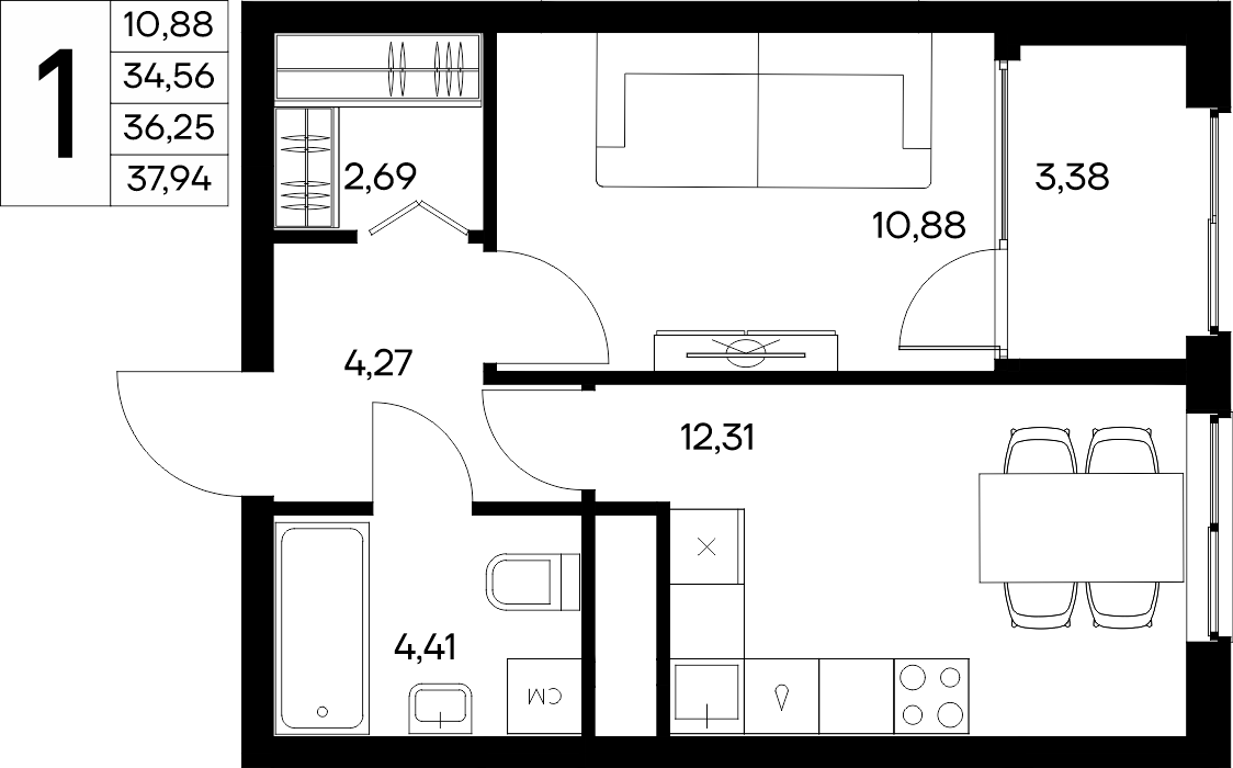 Планировка: 1-комнатная · 37,94 м²
