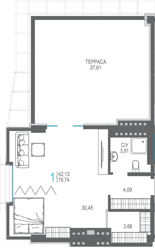 Планировка: 1-комнатная · 79,74 м²