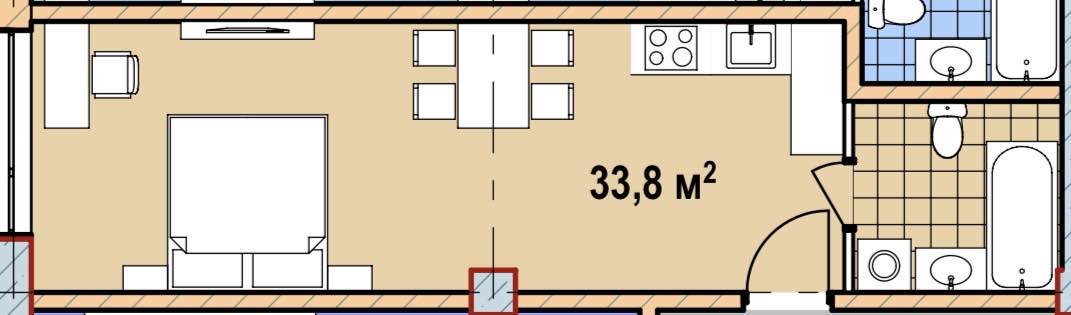 Планировка: Апартаменты · 33,8 м²