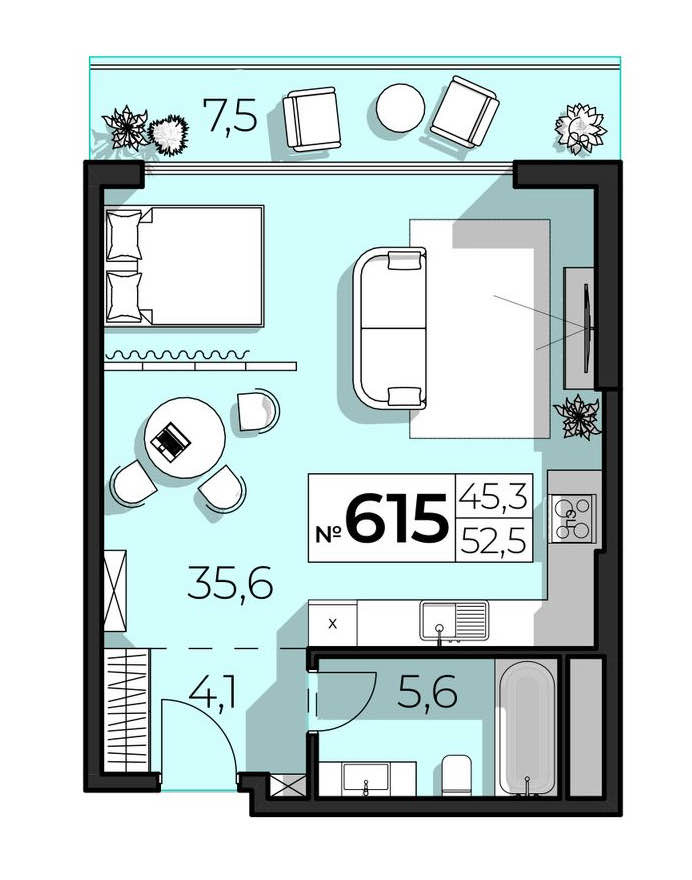 Планировка: 2-комнатная · 52,5 м²
