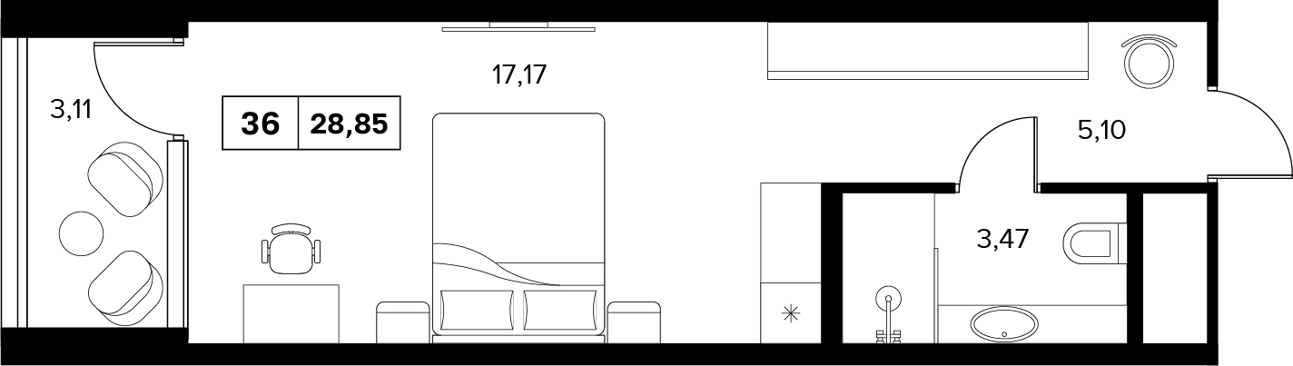 Планировка: 1-комнатная · 28,85 м²