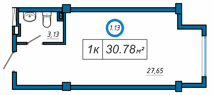 Планировка: 1-комнатная · 30,78 м²