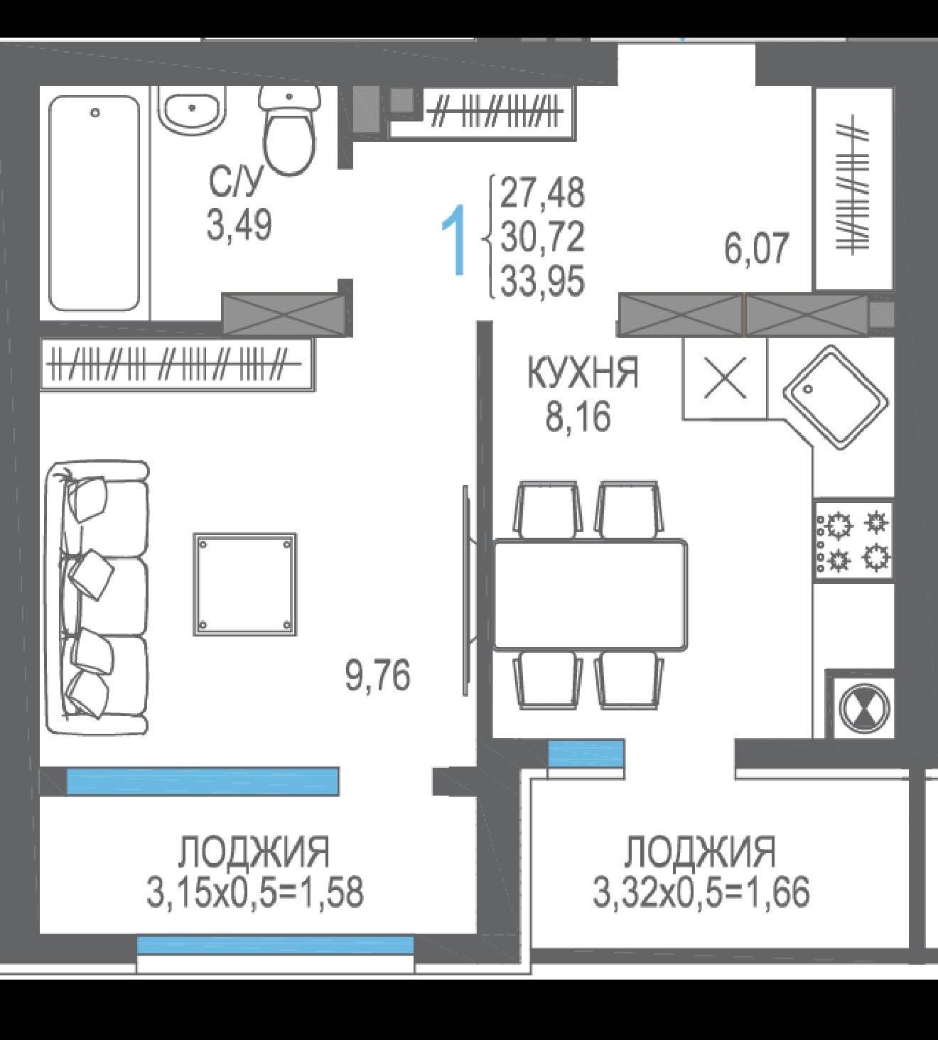 Планировка: 1-комнатная · 30,72 м²