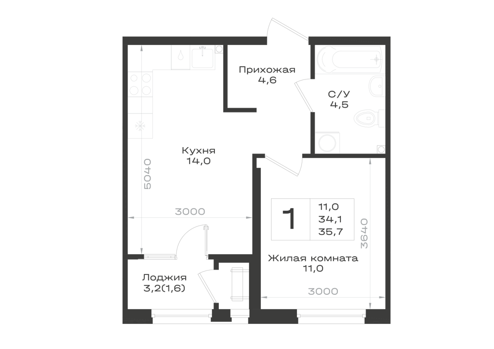 Планировка: 1-комнатная · 35,7 м²