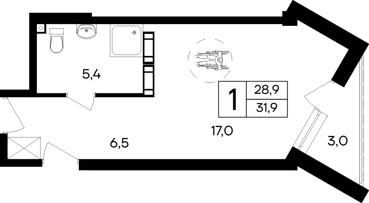 Планировка: 1-комнатная · 31,9 м²