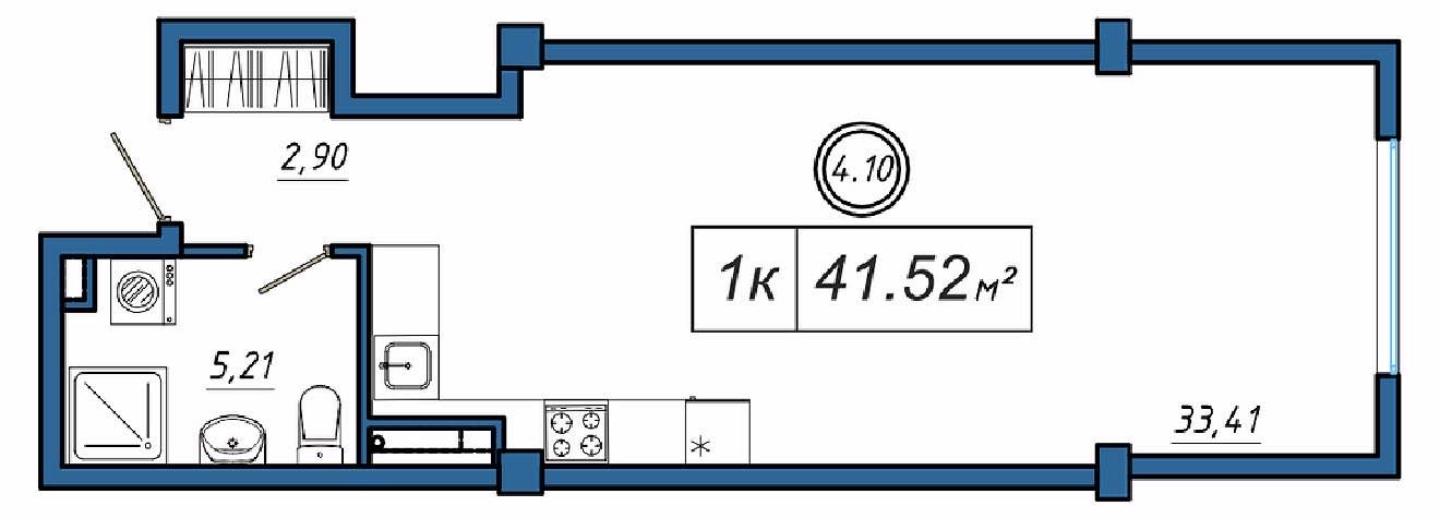 Планировка: 1-комнатная · 41,52 м²