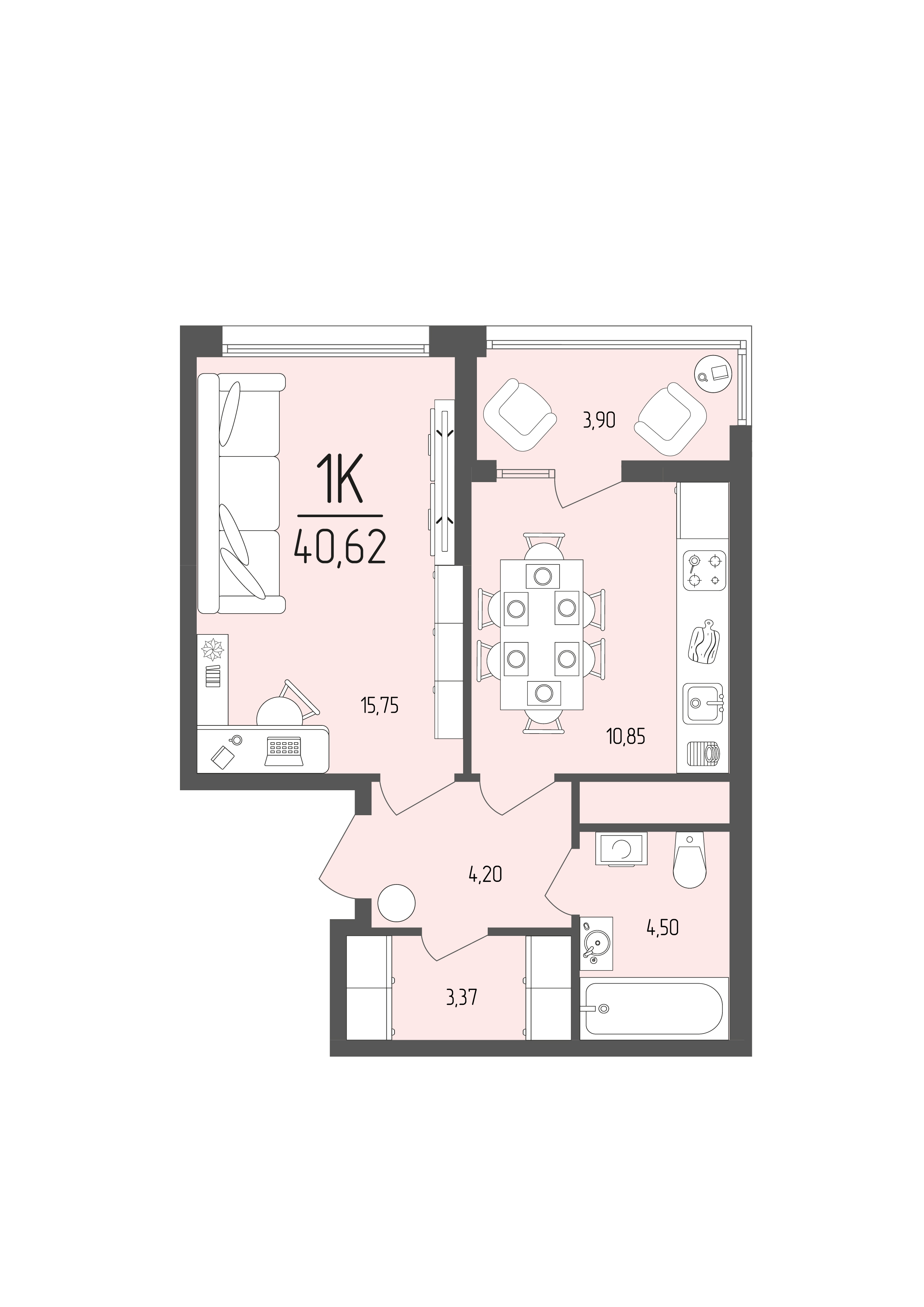 Планировка: 1-комнатная · 40,62 м²