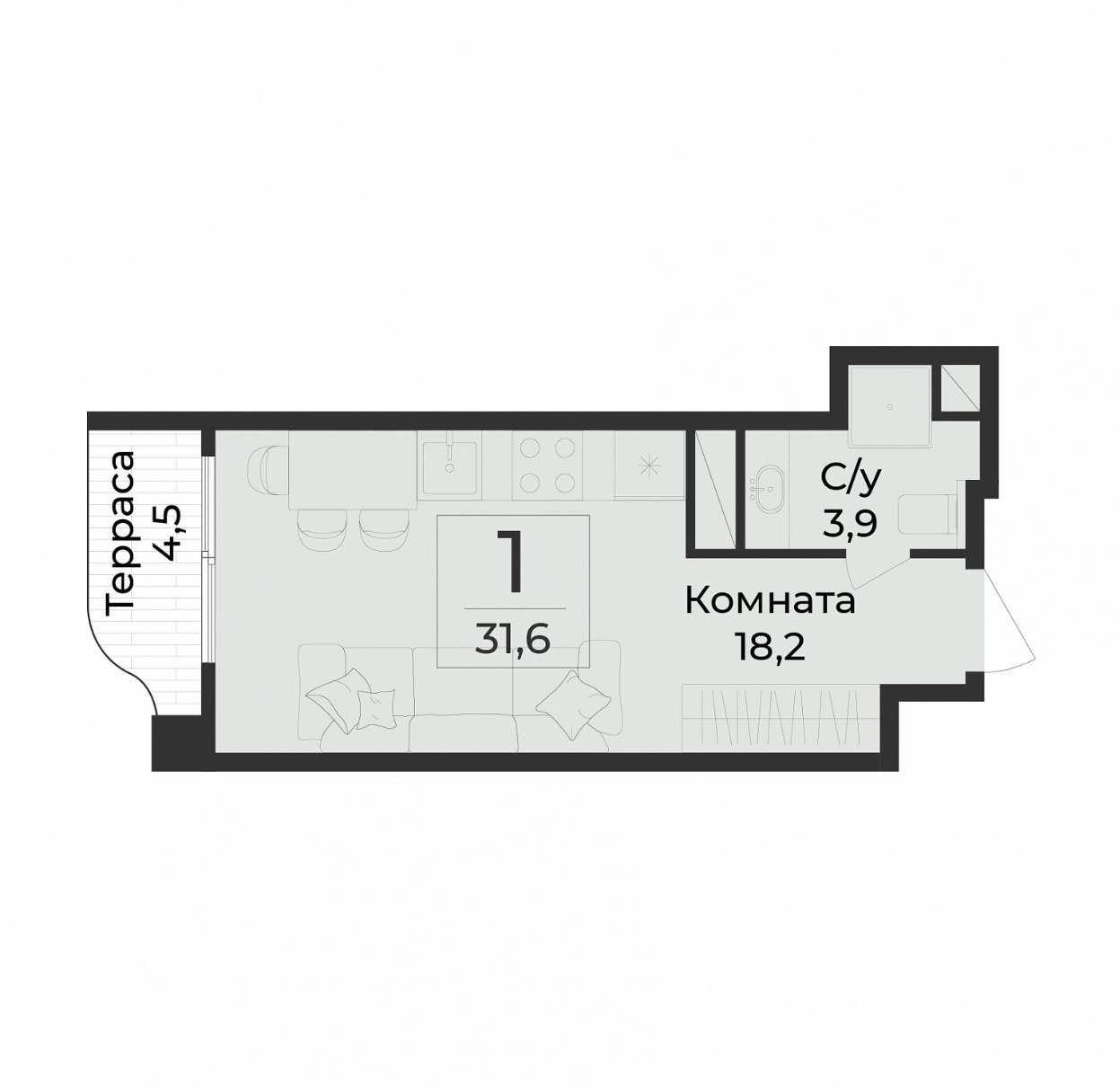 Планировка: 1-комнатная · 31,6 м²