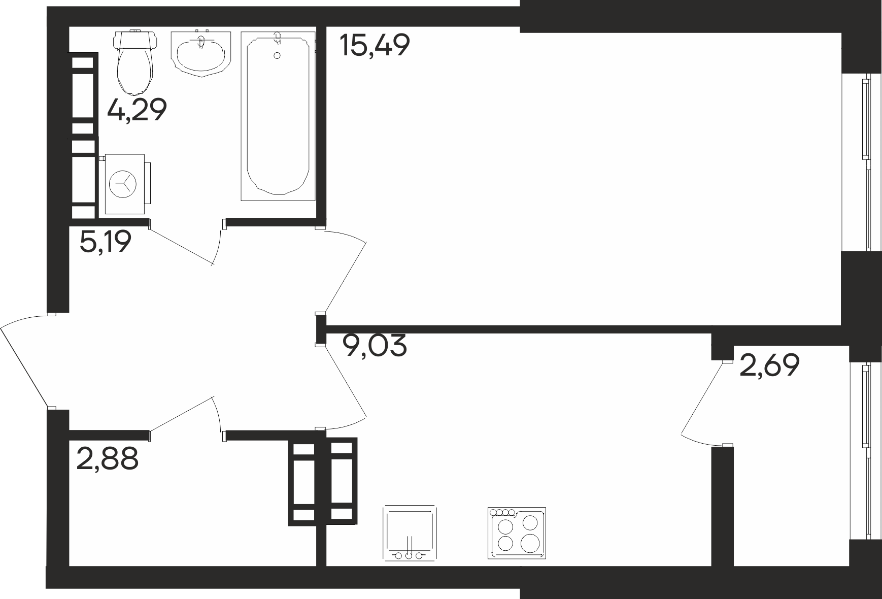 Планировка: 1-комнатная · 39,57 м²