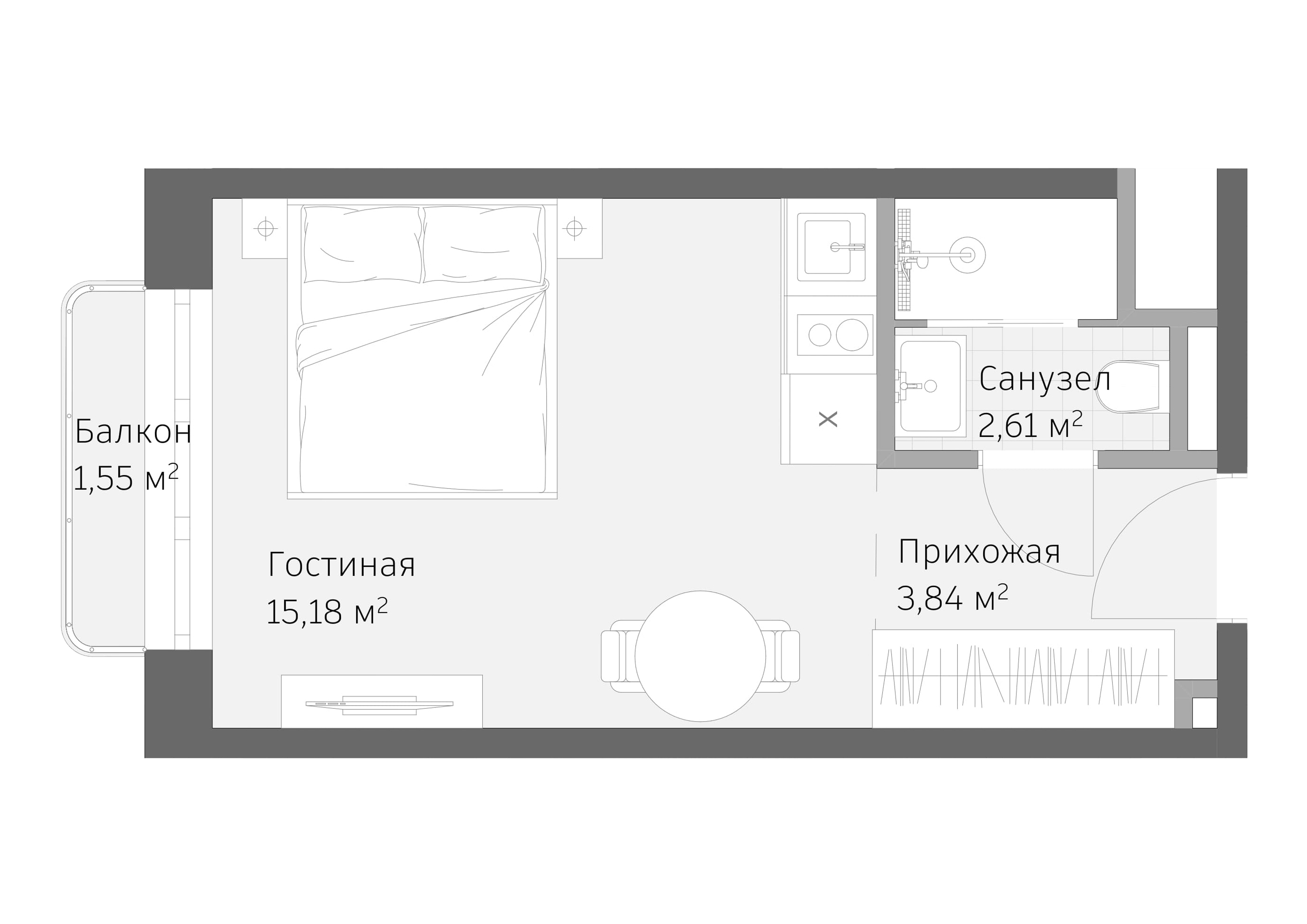 Планировка: Апартаменты · 23,18 м²