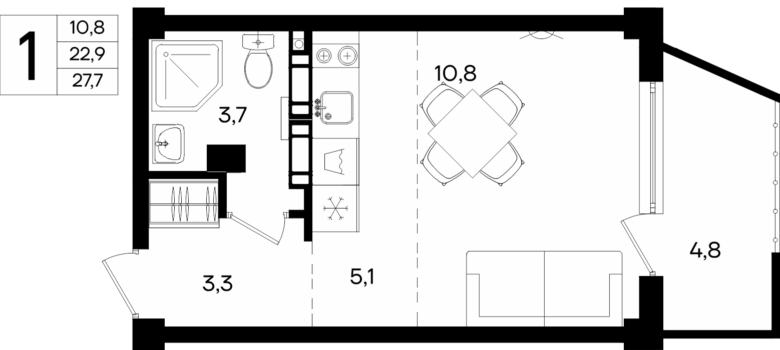 Планировка: 1-комнатная · 27,7 м²