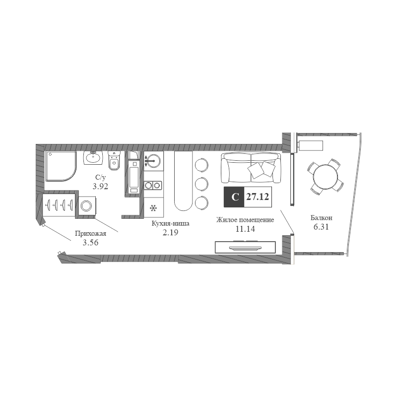 Планировка: Студия · 27,12 м²