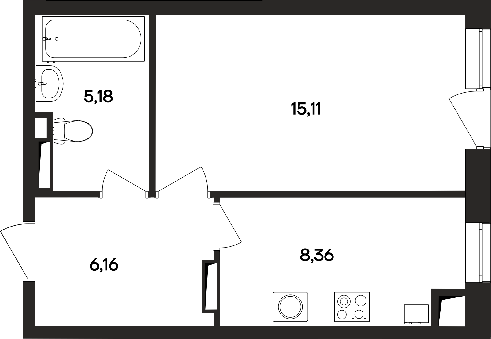 Планировка: 1-комнатная · 34,9 м²