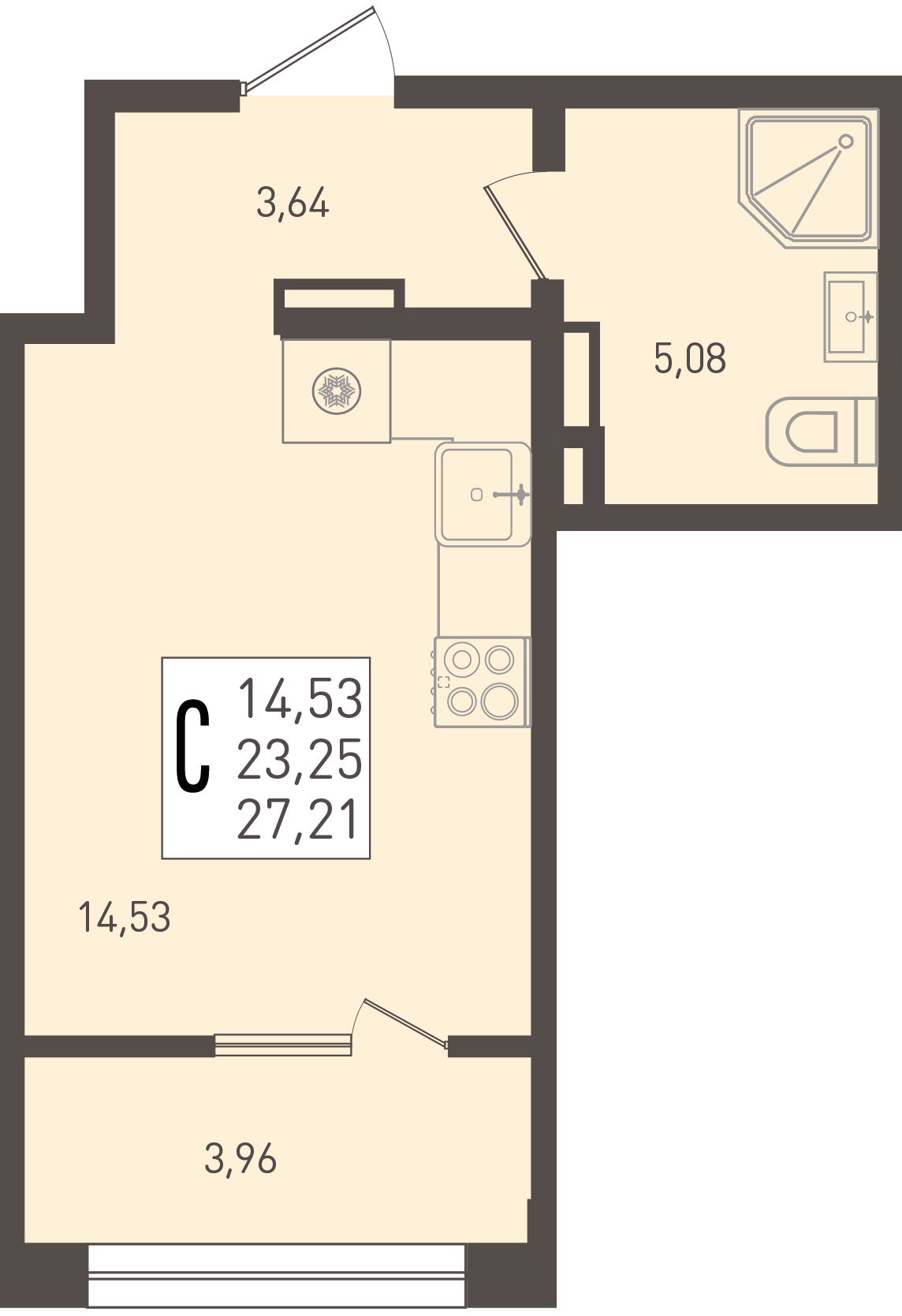 Планировка: Студия · 27,21 м²